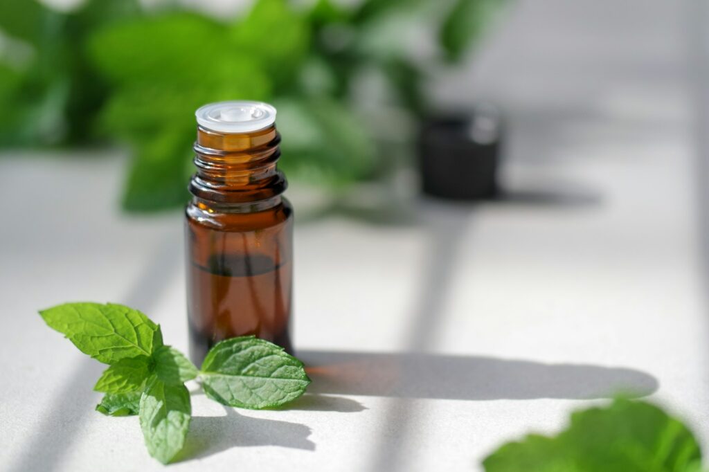 Peppermint oil in the brown glass bottle and fresh peppermint leaves near.